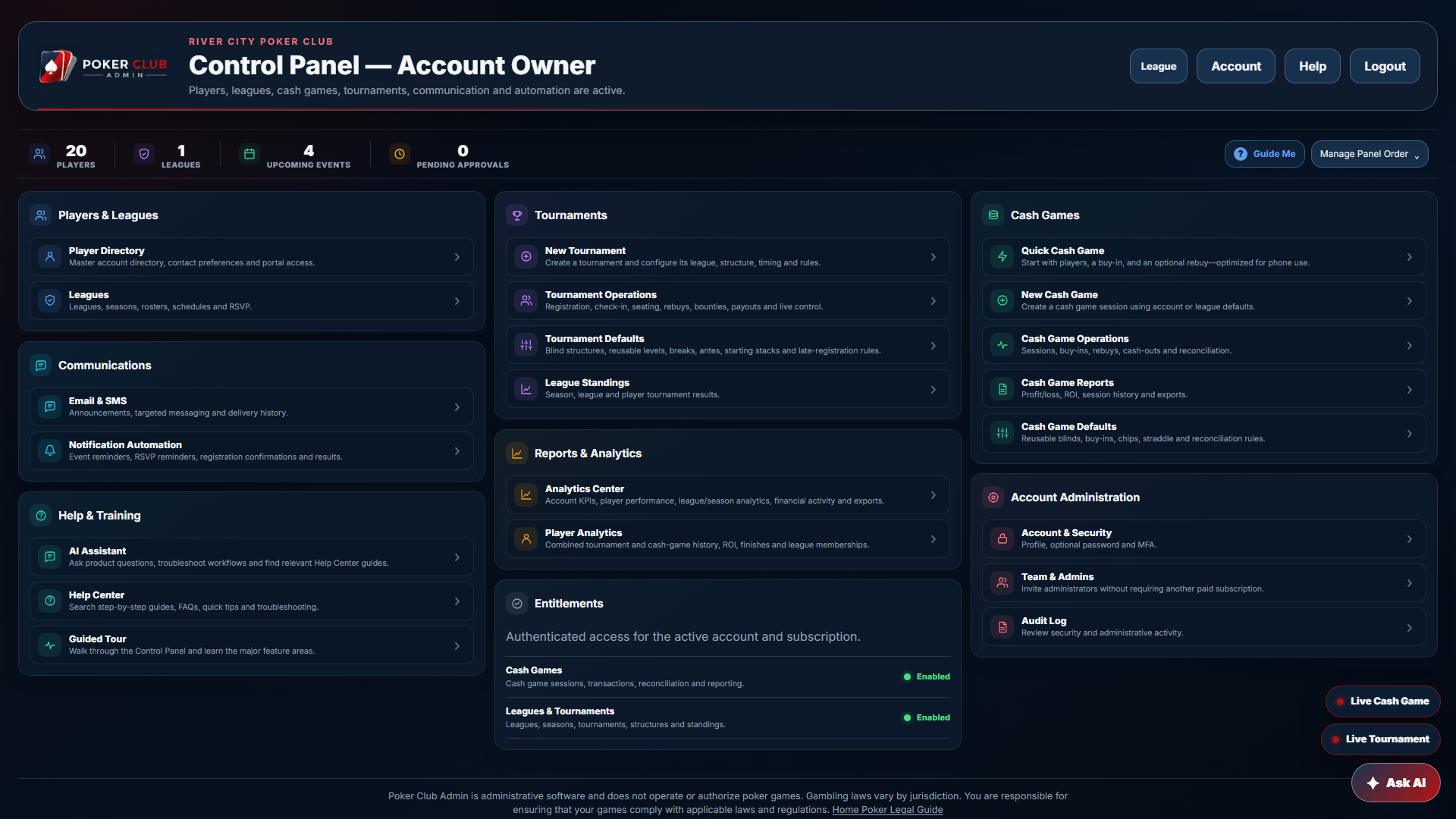 Poker Club Admin Control Panel showing club operations and quick actions