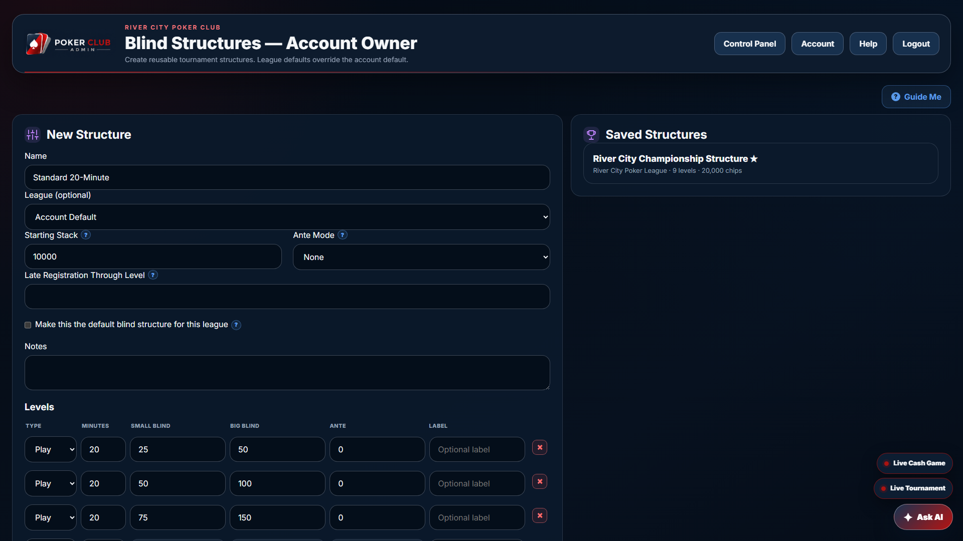 Poker Club Admin tournament structure setup